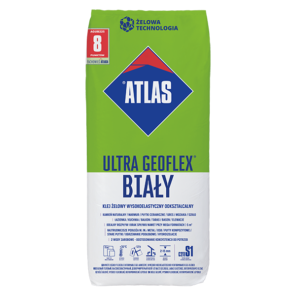 ATLAS GEOFLEX ULTRA Biały wysokoelastyczny klej żelowy C2 TE S1  2-15 mm 22,5kg do marmuru i szklanych mozaik